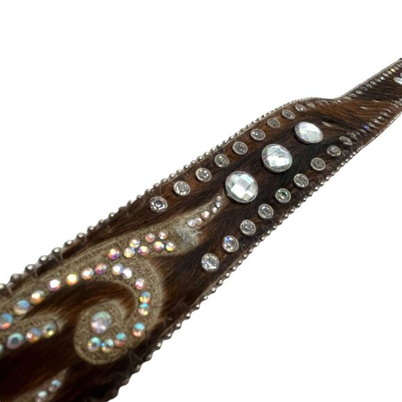 Western Cowgirl Belt Womens Brown Pony Calf Hair Leather Rhinestone Studded main image 7